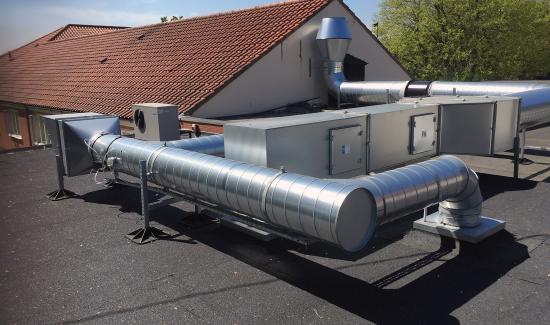 This image shows a large ductwork extraction for both fresh air and extraction for a commercial kitchen.